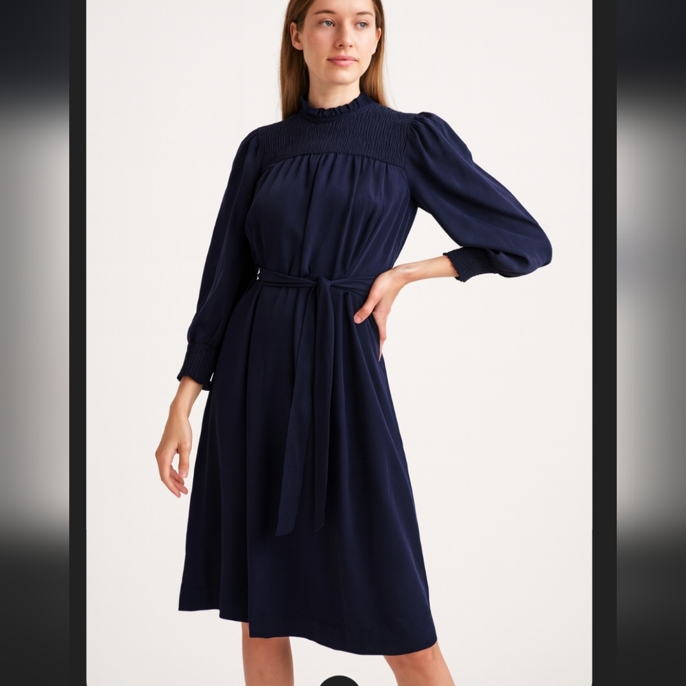 Anthropologie Shoshanna Navy Blue Long Sleeve mock neck Shirred Top Dress